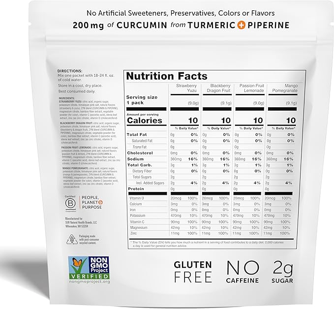 ZYN Electrolyte Drink Mix Hydration Packets, Electrolytes Powder, Hydration Packets w/Turmeric Curcumin, Vitamin C and D, Zinc, Hydrate Electrolyte Powder Packets for Wellness, Variety Pack of 16