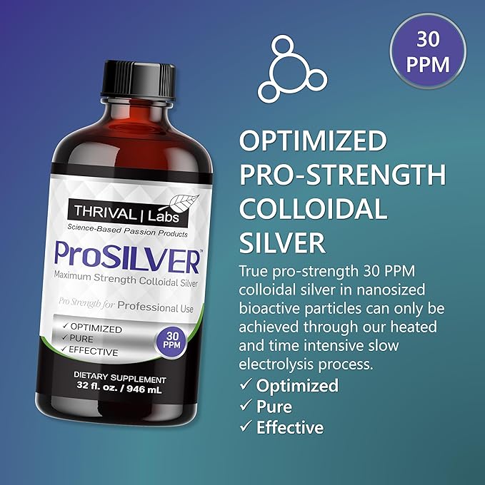 ProSILVER Black Label Pro-Strength Colloidal Silver for Immune Support, 30 PPM Maximum Strength for Professional Use, Dark Glass Bottle - Thrival Labs (32oz)
