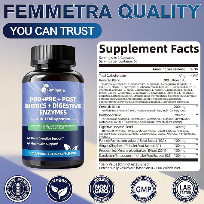 Digestive Enzymes Postbiotics Prebiotics Probiotics for Women & Men, 200 Billion CFU 36 Probiotic Strains + Psyllium Husk - Supports Gut, Digestive, Regularity, Gas, Bloating & Immune, Vegan, 60 Days