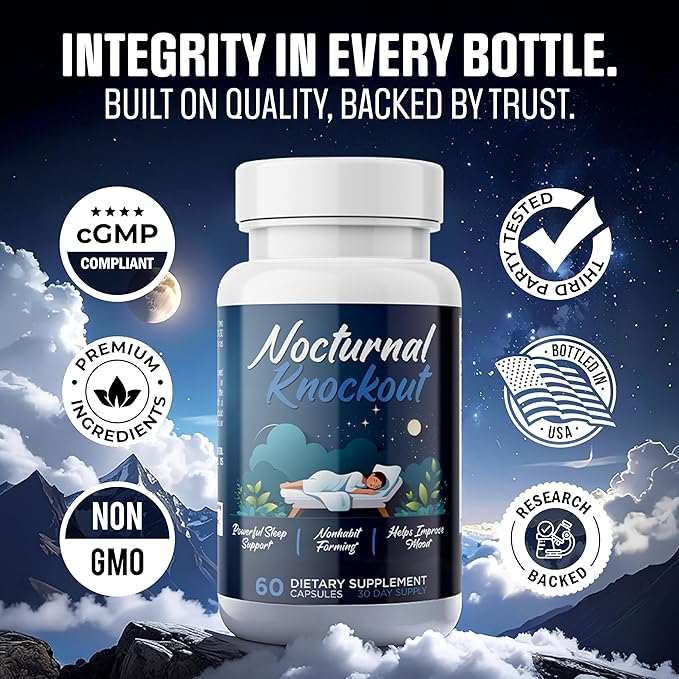 Nocturnal Knockout | 18 in 1 Powerful Sleep Aid for Adults | Non Habit Forming 3rd Party Tested Formula | Magnesium, Melatonin, 5-HTP, Taurine, GABA + 13 More | No Prescription Required - 60 Capsules