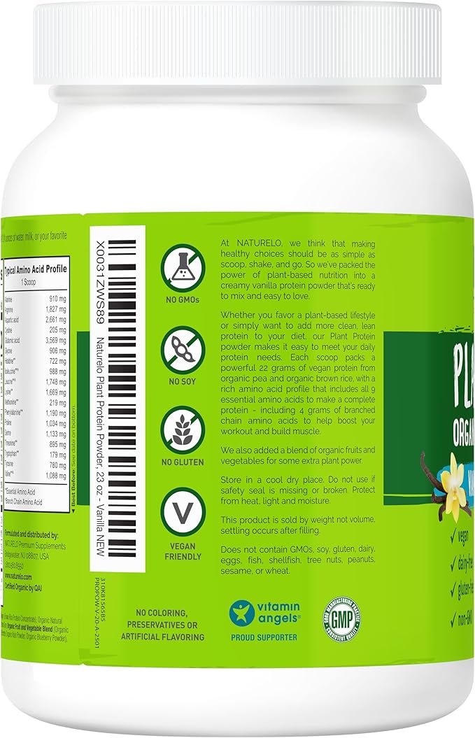 NATURELO Plant Protein Powder, Vanilla, 22g Protein - Non-GMO, Vegan, No Gluten, Dairy, or Soy - No Artificial Flavors, Synthetic Coloring, Preservatives, or Additives - 20 Servings