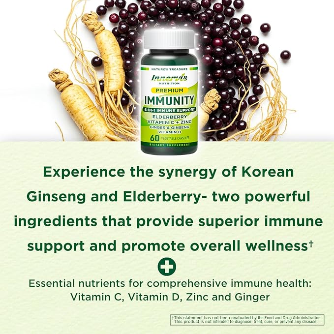 Premium Immunity 6-in-1 Support – Vitamin C 500mg, Vitamin D3 2500IU, Zinc, Elderberry, Ginger, Korean Ginseng – Immune Booster for Adults, Vegan Capsules, 1 Month Supply