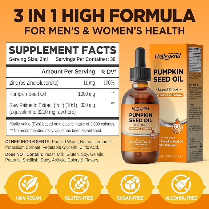Pumpkin Seed Oil - Organic Pumpkin Seed Extract Supplements Liquid Drops with Saw Palmetto for Hair Growth, Prostate & Urinary Health, Cold Pressed, Lemon, Vegan, Non-GMO, 2 Fl Oz