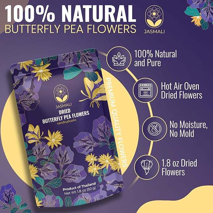 Jasmali Butterfly Pea Flower Tea - 1.8 oz Loose Leaf, Herbal, Caffeine Free, Vegan, Gluten Free, Thai Organic