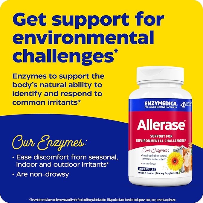 Enzymedica, Allerase, Non-Drowsy Enzyme Supplement to Help Relieve Seasonal Mucus Buildup, 60 Count