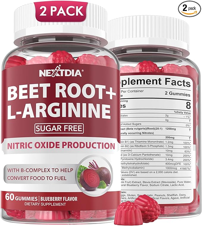 Beet Root Gummies & L-Arginine, Nitric Oxide Supplements for Men & Women w/Organic Beets, B1, B2, B3, B5, B6, Folate, B12 for Energy Boost & Circulation Support, Sugar Free, 120 Cts