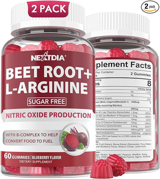 Beet Root Gummies & L-Arginine, Nitric Oxide Supplements for Men & Women w/Organic Beets, B1, B2, B3, B5, B6, Folate, B12 for Energy Boost & Circulation Support, Sugar Free, 120 Cts