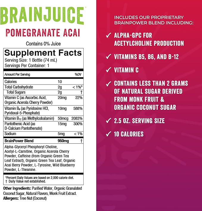 BrainJuice Brain and Immune Support Shot, Gluten Free Supplement Shots for Energy, Focus, Immunity with Vitamin D, C B, Alpha GPC & Organic Ginger Root, Pomegranate Acai, 2.5 fl oz, 12 Pack