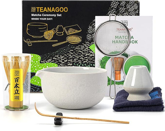 TEANAGOO Matcha Whisk Set,7 Pcs Matcha Set Lt.Grey,Matcha Kit for Ceremony,Matcha Tea Set for Making Breakfast/Latte,Matcha Whisk Set and Bowl with All Accessories,Gift for Matcha Lover/Friend/Family
