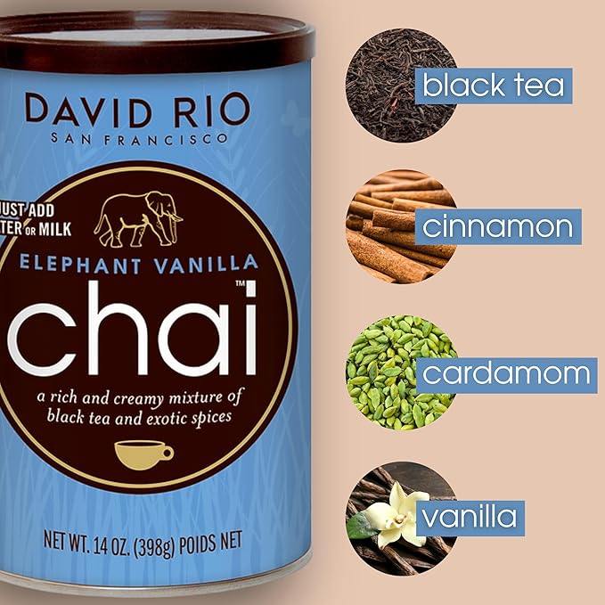 Elephant Vanilla Chai Tea Latte Mix, 14 Oz, Black Tea, Organic Spices, Dairy Free, Serve Hot or Cold, Just Add Water or Milk, 14 Servings