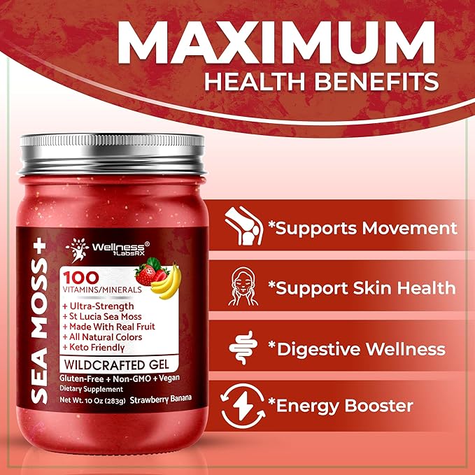 Irish Sea Moss Gel Raw - Wildcrafted Superfood Seamoss Gel - Strawberry Banana Flavor, Vitamin and Mineral-Rich from Pristine Caribbean Waters, Immune and Digestive Health Support - 10 oz.