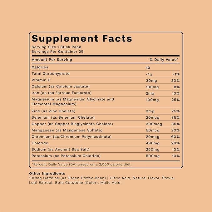 Hydrogen Water + Electrolytes Drink Mix | H2 Hydration Packets with Molecular Hydrogen, Sodium, Potassium, Magnesium, Calcium, and Minerals | No Sugar | Orange + Caffeine 25 ct