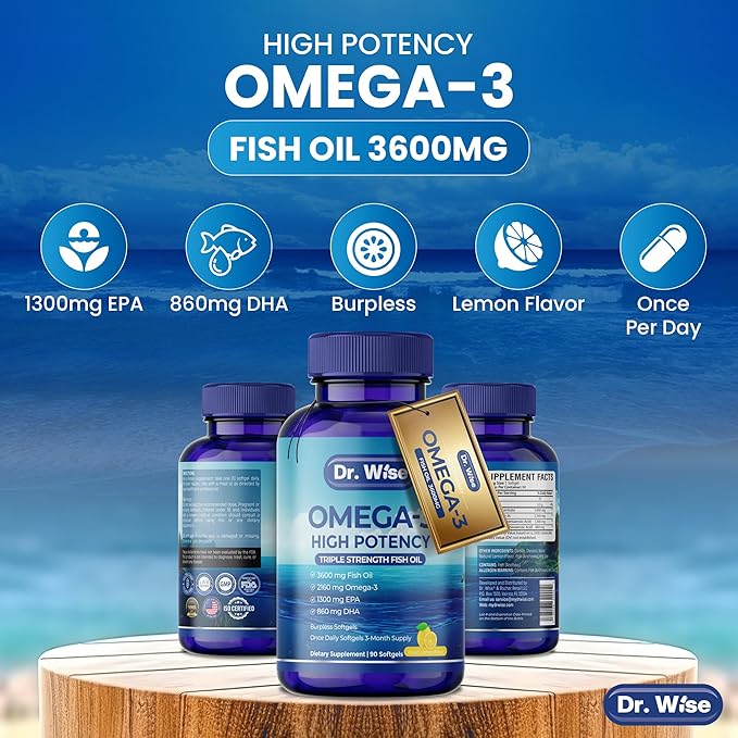Triple Strength Omega 3 Fish Oil 3600mg – 1300mg EPA & 860mg DHA- Once Daily – Burpless Lemon Flavor, – Supports Heart, Brain, Joint & Eye Health – Wild Caught, Non-GMO, 90 Softgels, 3-Month Supply