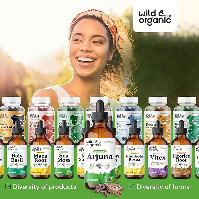 Wild & Organic Arjuna Bark Tincture - Overall Well-Being Supplement - Alcohol-Free Liquid Drops - Terminalia Arjuna Bark Extract - No Sugar & Additives, Non-GMO - 4 fl oz