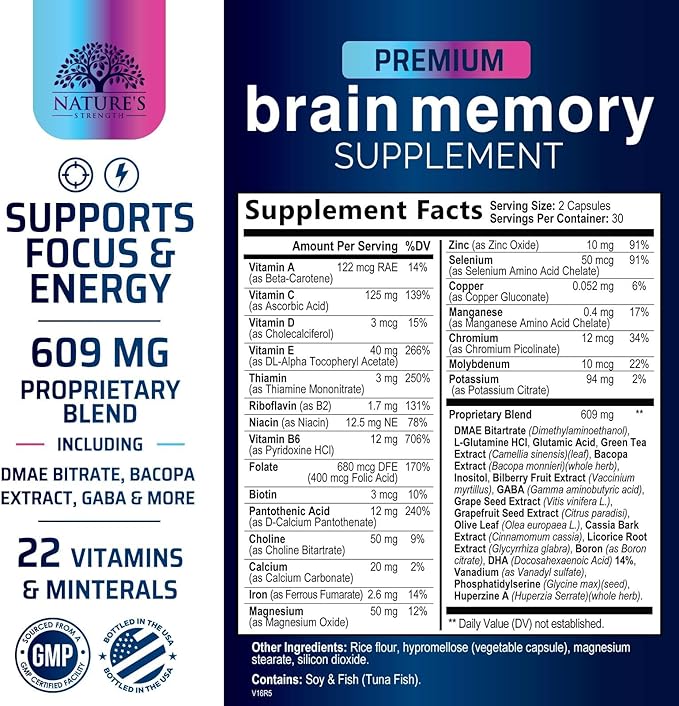 Brain Memory Supplement Pills - Nootropics Support for Concentration, Clarity, Alertness & Focus - Brain Health with Bacopa, Cognitive Vitamins, Phosphatidylserine, DMAE - Brain Booster - 60 Capsules