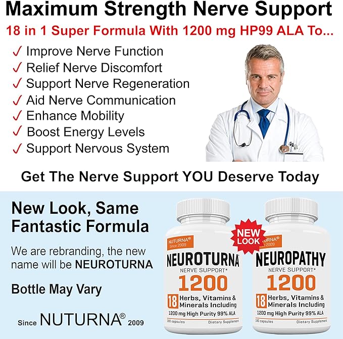 Neuropathy Support Supplement with 1200 mg HP-99 Alpha Lipoic Acid - Max Strength ALA Nerve Formula for Feet Hands Fingers Legs - Ultra Potent 18 in 1 Natural Peripheral Nerve Vitamins - 180 Capsules