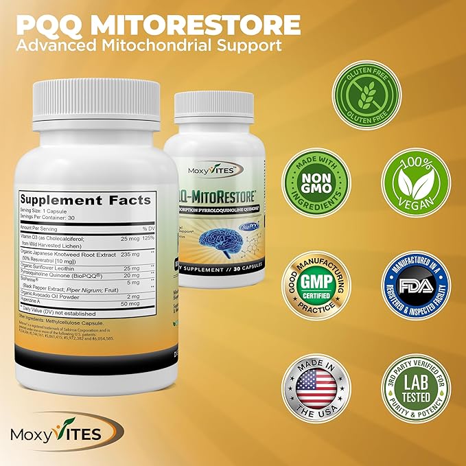 PQQ MITORESTORE Brain Supplements for Memory and Focus - Mitochondria Supplement with BioPQQ 20mg - Purest Form NOT Chemically Synthesized, Cognitive and Heart Support - 30 Vegan Capsules, Non GMO