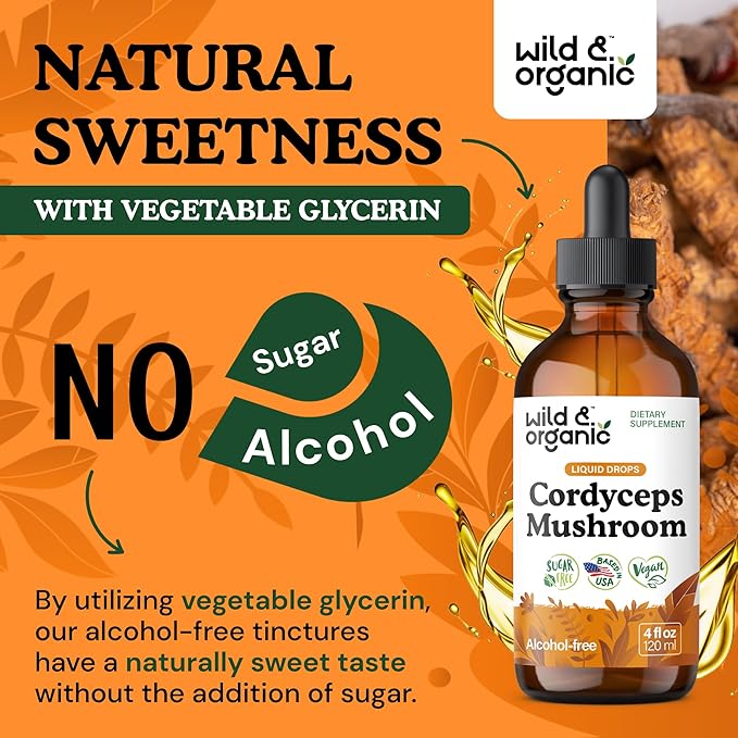 Wild & Organic Cordyceps Tincture - Cordyceps Sinensis Mushroom Extract for Immune & Energy Support - Liquid Mushroom Supplement - Vegan, Sugar & Alcohol-Free Drops - 4 fl oz