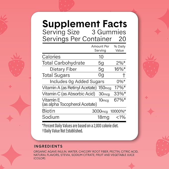 Bellway Super Fiber Gummies + Beauty – Sugar Free Fiber Supplement with Biotin & Vitamins A C E – Supports Digestive Health, Skin, Hair & Nails - 60 Count