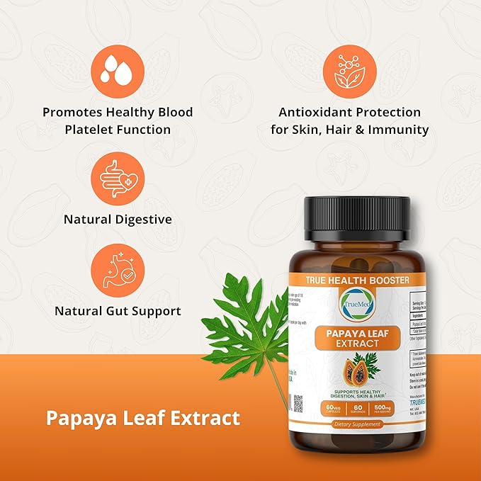 Papaya Leaf Extract 500 mg for Hair, Skin with 4X Extra Strength Support Blood Platelet with 60 Capsules for 60 Days Supports Digestive Health & Natural Antioxidant