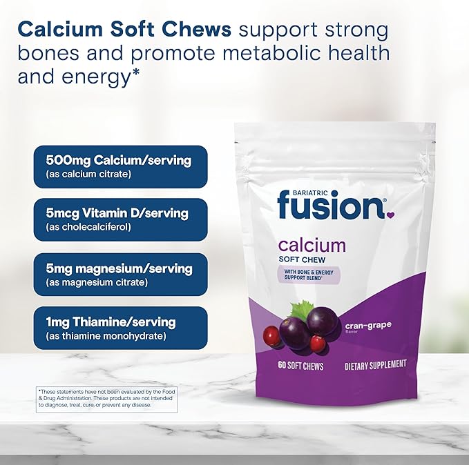 Bariatric Fusion Bariatric Calcium Supplement Chews | Calcium Citrate with Vitamin D3 Bariatric Vitamin | Sugar Free Chewable |500mg |Cranberry Grape | 60 Count
