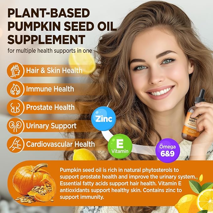 Pumpkin Seed Oil - Organic Pumpkin Seed Extract Supplements Liquid Drops with Saw Palmetto for Hair Growth, Prostate & Urinary Health, Cold Pressed, Lemon, Vegan, Non-GMO, 2 Fl Oz