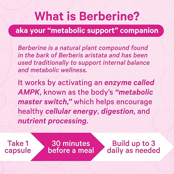 Pink Stork Berberine 500mg - Nature's GLP-1 Supplement - Daily AMPK Metabolic Activator - 500-1000 mg Metabolism + Gut Health for Women | Third-Party Tested | Vegan | Non-GMO| 30 Capsules