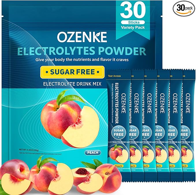 Electrolytes Powder Packets, 30 Sticks Hydration Packets Sugar Free, Electrolyte Drink Mix Portable Electrolyte Packets for Rapid Hydration, 0 Sugar & 0 Calorie, Peach Flavor