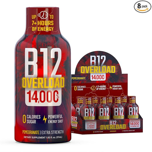 B12 Overload Extra Strength Energy Shot – Pomegranate – 260mg Caffeine, 14000% B12, Electrolytes – Energy & Vitality Support – Zero Sugar No Calories – Vegan, Kosher, Gluten-Free – 1.93 fl oz, 8-Pack