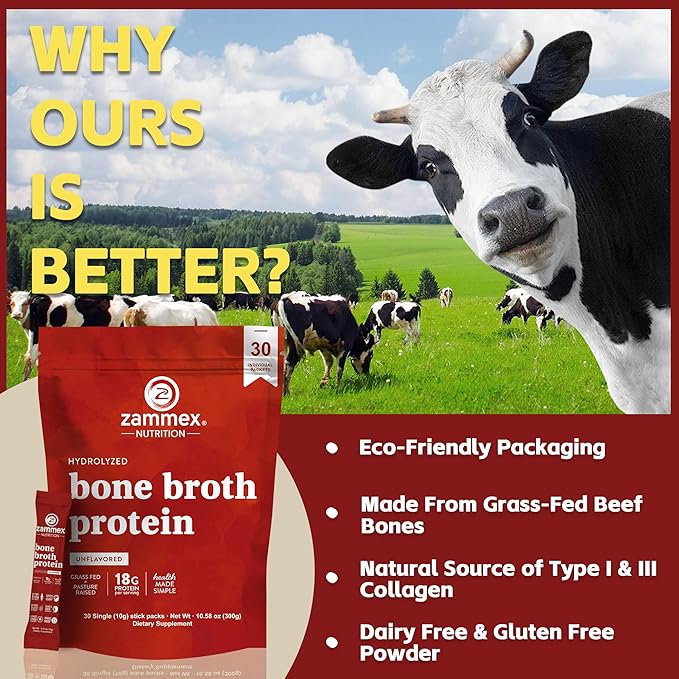Zammex Bone Broth Collagen Packets-20g Collagen Protein-Bone Broth Powder to Go-30 Travel Packets-Supports Skin Nails Joints, Gut Health | Gluten-Free |Keto & Paleo Friendly-Natural Flavor