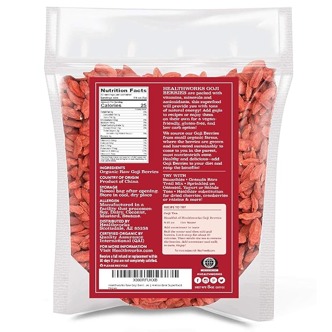Healthworks Superfoods Organic Dried Goji Berries - 8 Oz - 1 Pack - Vegan and Non-GMO -Certified Organic Raw Sun-Dried Goji Berries