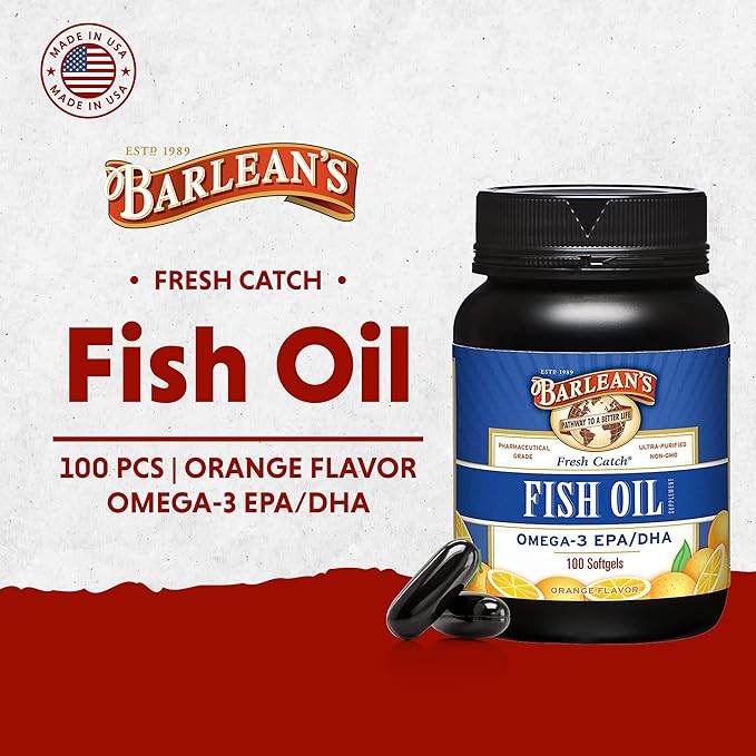 Barlean's Omega 3 Fish Oil Supplements, Supplement Softgels for Men and Women, 600mg EPA and DHA Fatty Acids, Orange Flavored, 100 Count
