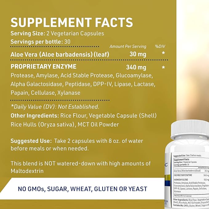 Digest Harmony Maximum Strength Digestive Enzymes, Helps Digest Gluten, Large Meals for Instant Bloating Relief, (60 Veggie Caps)