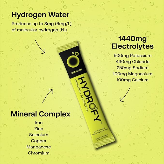Hydrogen Water + Electrolytes Drink Mix | H2 Hydration Packets with Molecular Hydrogen, Sodium, Potassium, Magnesium, Calcium, and Minerals | No Sugar | Lemon Lime | 25 ct