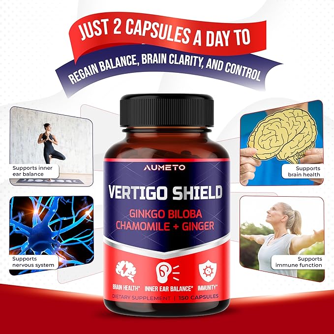 Vertigo Support Complex with Ginkgo Biloba, Chamomile, Ginger, Vitamin D3, B12 - Advanced 14-in-1 Formula for Spinning Dizziness Inner Ear Balance* - Made in The USA