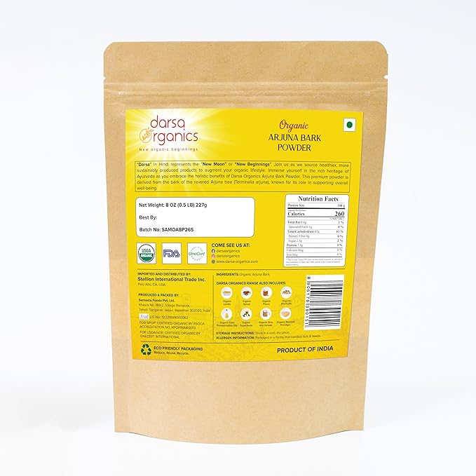 Arjuna Powder, 8 oz - USDA Organic Terminalia Arjuna for Cardiovascular Support, Heart Health and Blood Pressure Maintenance, Arjuna Bark Powder, Non-GMO, Gluten-Free, Kosher