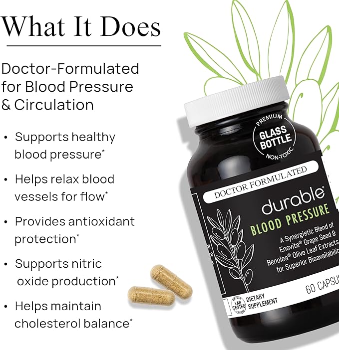 Durable Blood Pressure – Benolea Olive Leaf & Enovita Grape Seed Extract – Healthy Circulation, Nitric Oxide & Artery Support – Doctor Formulated, Vegan, Non-GMO, Made in USA (60 Capsules)
