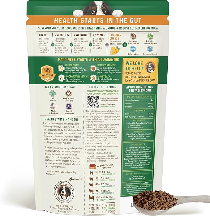 Perfect Poop Digestion & General Health Supplement for Dogs: Fiber, Prebiotics, Probiotics & Enzymes Relieve Digestive Conditions, Optimize Stool, and Improve Health (Cheddar Cheese, 12.8 oz)