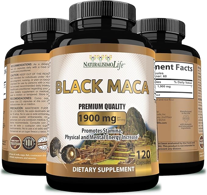 Organic Black Maca 1,900 mg per Serving Natural Energy Booster Peruvian Maca for Men & Women 120 Capsules