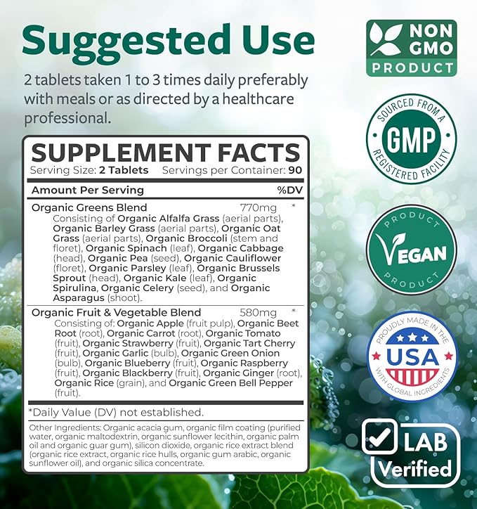 USDA Organic Super Greens Supplement - Organic Greens Fruits and Vegetable Supplement for Adults with 28 Superfood Complex with Superfruits Roots Herbs & More - Vegan & Non-GMO (Up to 3 Month Supply)
