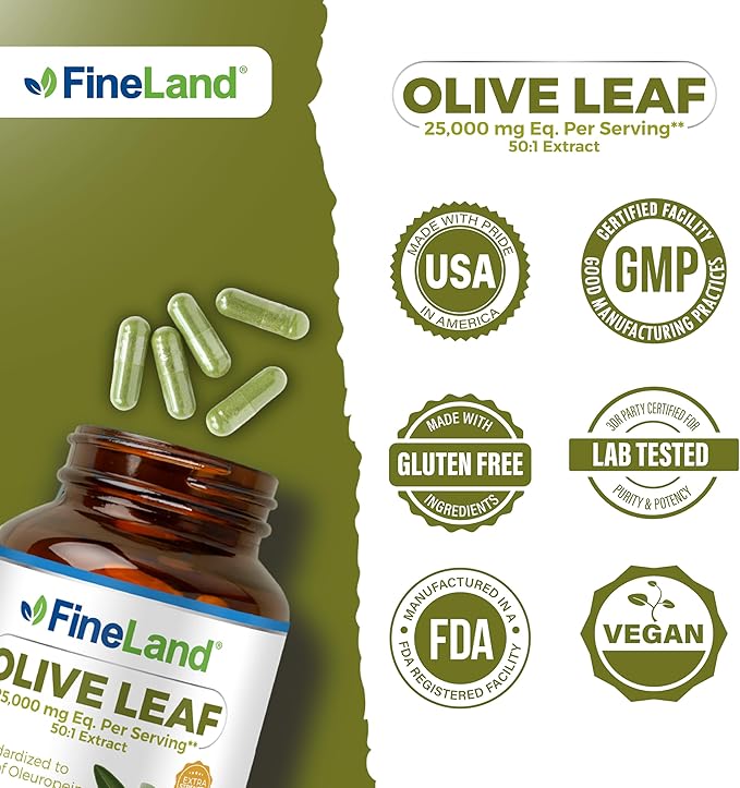 FineLand Olive Leaf Extract 50x – 25,000mg Eq. per Serving | 160 Vegan Caps, Olive Extract with 20% Oleuropein | Herbal Antioxidant Supplement for Circulatory and Immune Support, Made in USA