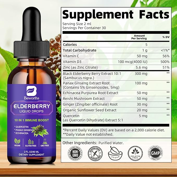 Elderberry Syrup Black Elderberry Drops with Quercetin, Panax Ginseng, Vitamin C and Zinc, Sambucus Elderberry Syrup Liquid, Vegan, Non-GMO & Gluten Free