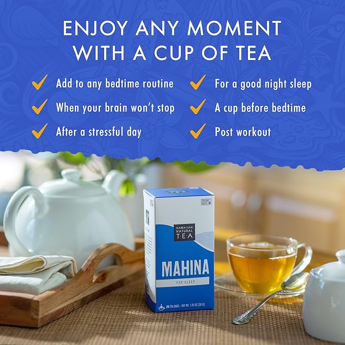 Hawaiian Natural Tea Organic Mahina Chamomile Tea with Passionflower & Valerian Root - Caffeine Free, Herbal, Antioxidant-Rich, For Calming, Wellness, Bedtime, Anxiety & Stress - 60 Bags