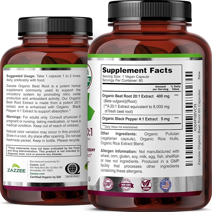 Zazzee USDA Organic Beet Root 8000 mg Strength 20:1 Extract, 60 Vegan Quick Release Capsules, Black Pepper Extract for Enhanced Absorption, Supports Nitric Oxide Production, Non-GMO, Made in The USA