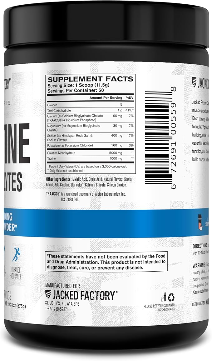 Jacked Factory Creatine + Electrolytes - Creatine Monohydrate with Taurine, Calcium, Sodium, & Potassium to Increase Muscle Growth, Strength, Hydration, & Endurance - 50 Servings, Blue Raspberry