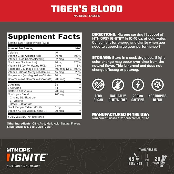 MTN OPS Ignite Trail Packs Energy Drink Powder, Gluten Free Nootropic Supplement Drink Mix, L Arginine, L Citrulline, Caffeine & Nootropic Sugar Free Drink Mix, 20 Servings, Tiger's Blood