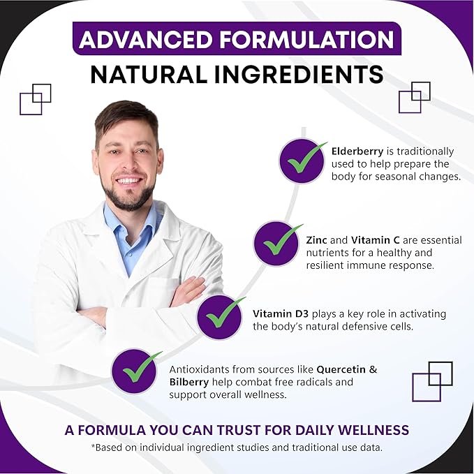 Elderberry Quercetin Bilberry Turmeric Tart Cherry Ginger Vitamin C Vitamin D3 Zinc Black Pepper -150 Capsules- Made in USA