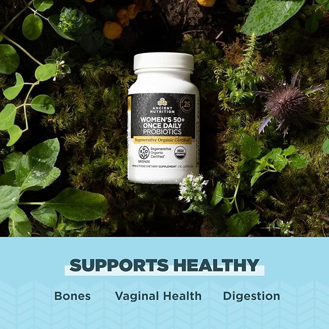 Ancient Nutrition Regenerative Organic Certified Probiotics for Women 50+, Probiotics Women’s 50+ Once Daily, Healthy Digestion and Immune System Support, 25 Billion CFUs* Per Serving, 30 Count
