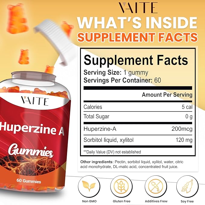 Huperzine A Supplement 200 mcg Gummies - Brain Supplements for Memory and Focus, Supports Cognitive Function & Mental Clarity - for Men, Women & Seniors - Non-GMO, Gluten-Free, 60 Vegan Chewables