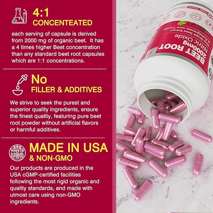Beet Root Capsules 2000mg Nitric Oxide Supplements w/ Grape Seed Extract, Pomegranate Extract Supports Circulation & Blood Flow, Energy for Men/Women, Organic Beetroot Powder, Non GMO, 240 Counts